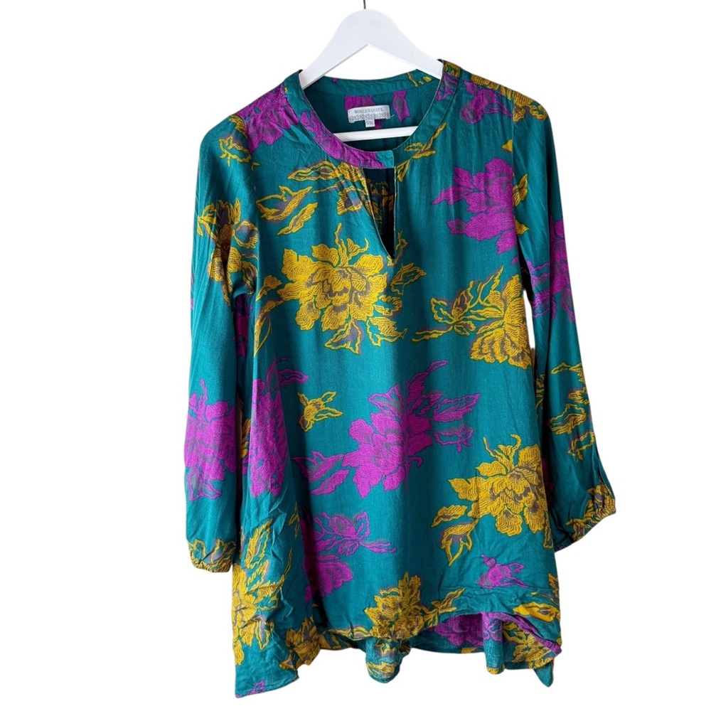 Cost Plus World Market floral Asymmetrical hem Rayon Blouse Sz M‎